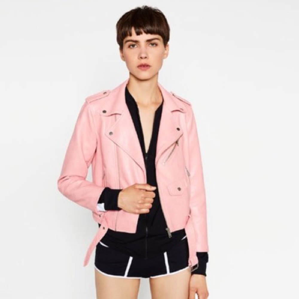Pink Zara leather moto jacket